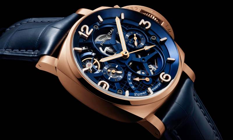 華麗撞色!紅金殼配鍍藍(lán)面|Panerai Luminor陀飛輪兩地時(shí)間紅金腕表-PAM01060-復(fù)刻表