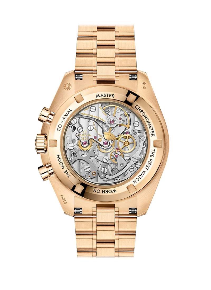 Moonshine?金材質／3861手動上鍊機芯／時、分、小秒顯示／計時碼錶功能／藍寶石水晶鏡面、透明底蓋／防水50米／錶徑42mm／參考價：HKD315,900（OMEGA）